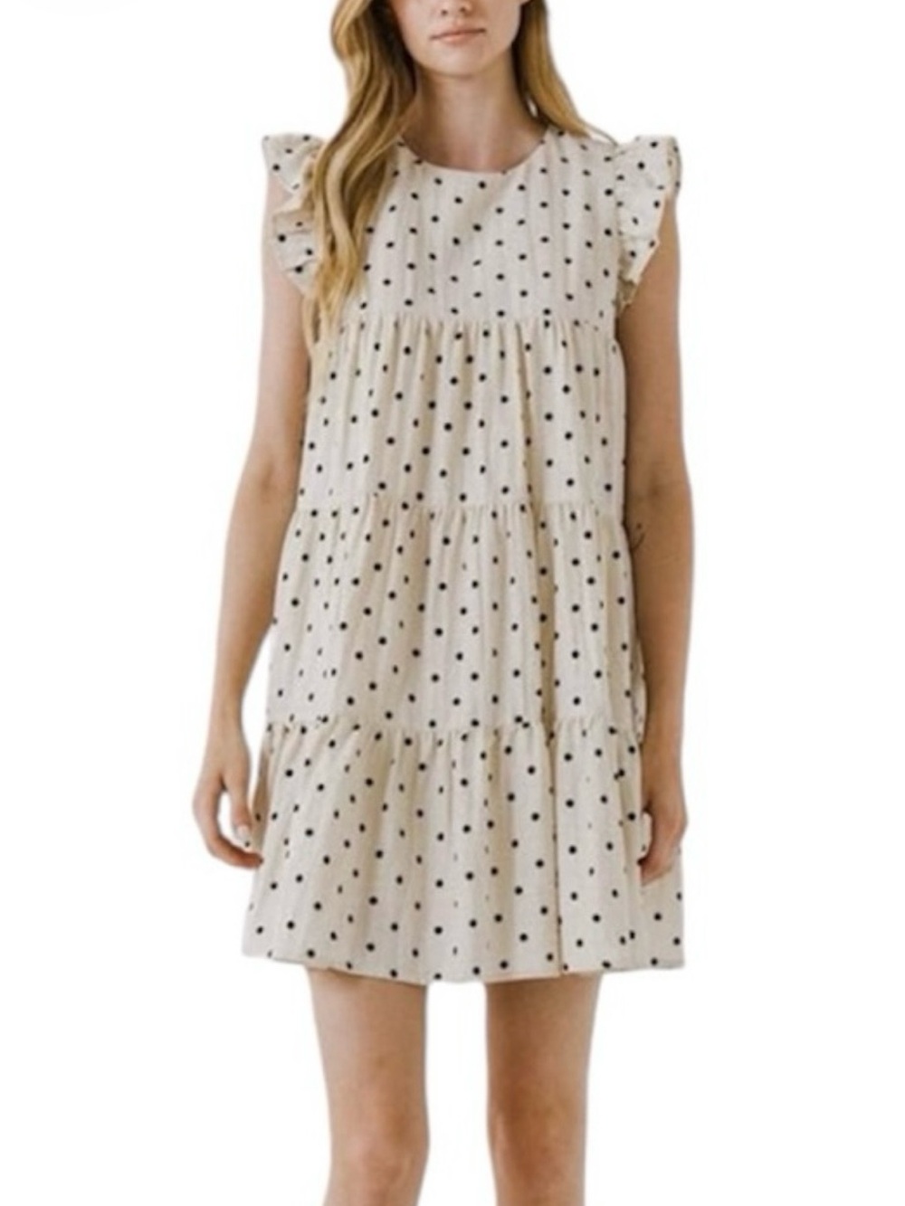 New English Factory for Anthropologie Cream Mini Dress with Black Polka Dots